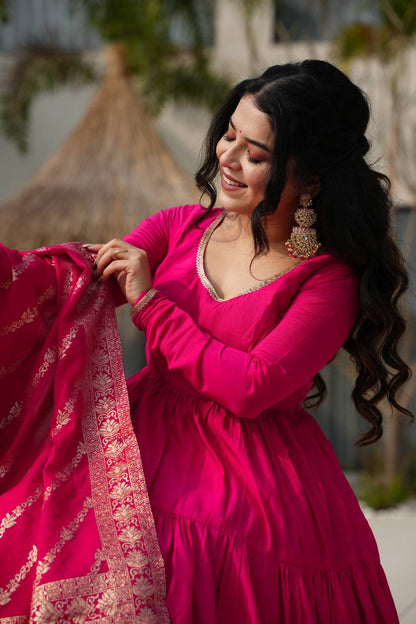 Flattering Roman Silk Pink Color Anarkali Gown