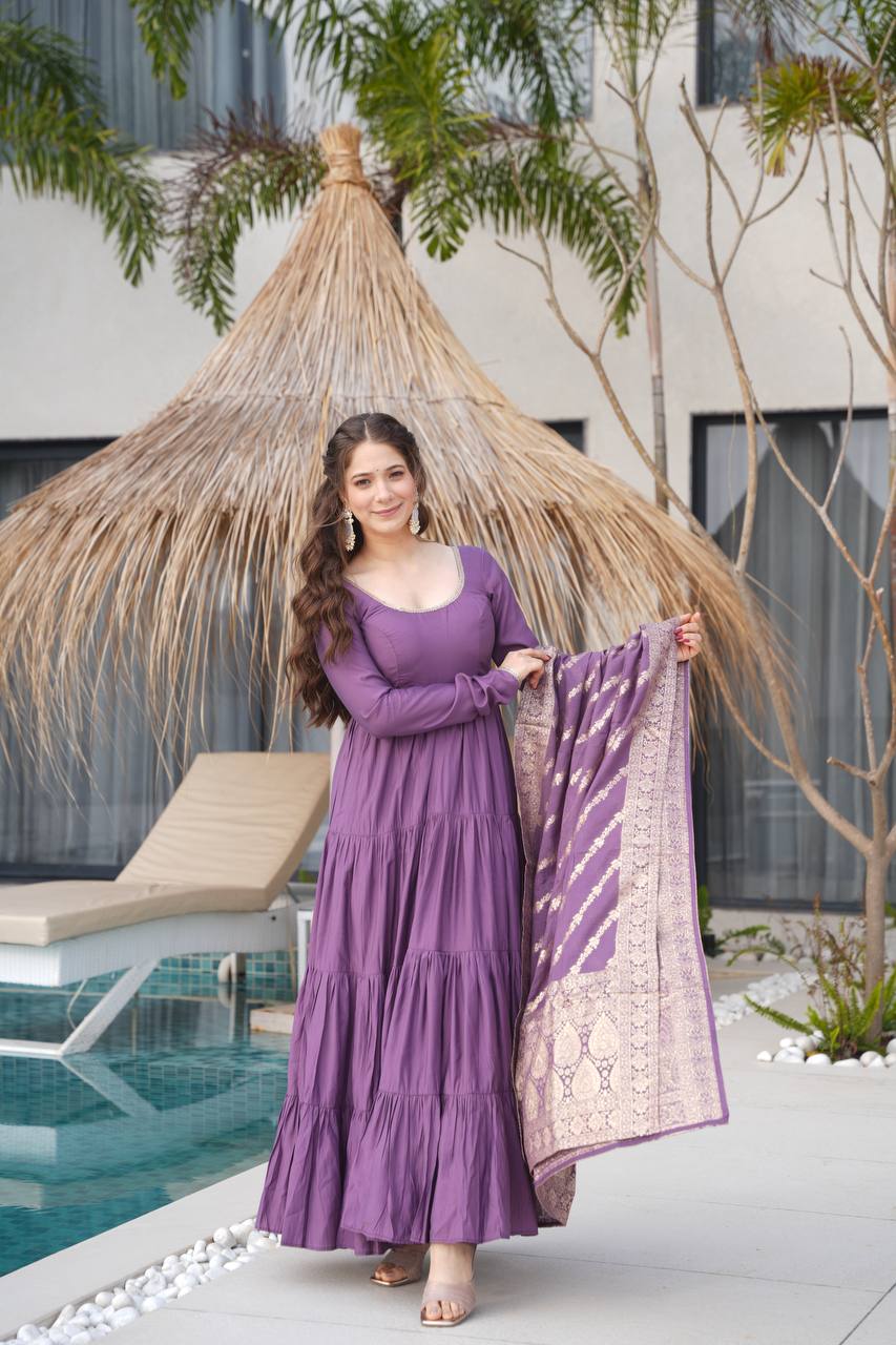 Flattering Roman Silk Onion Color Anarkali Gown