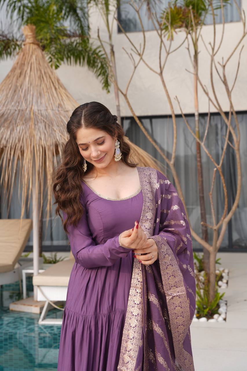 Flattering Roman Silk Onion Color Anarkali Gown