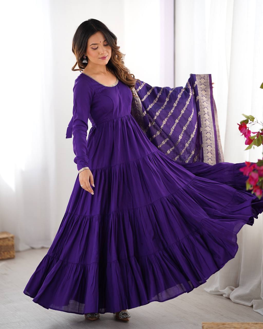 Flattering Roman Silk Purple Color Anarkali Gown