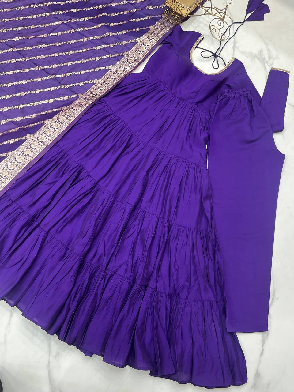 Flattering Roman Silk Purple Color Anarkali Gown