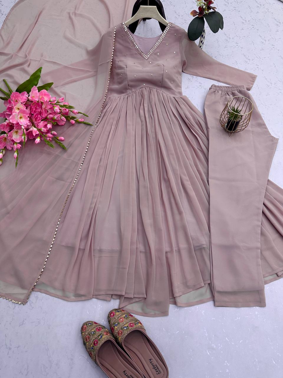 Glorious Embroidery Work Light Pink Color Gown