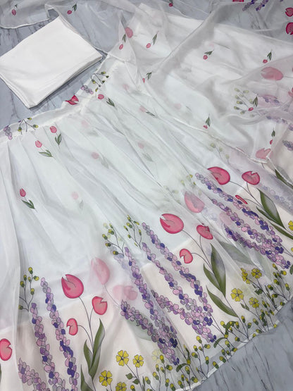 Party Wear Multi Floral Print White Color Lehenga Choli