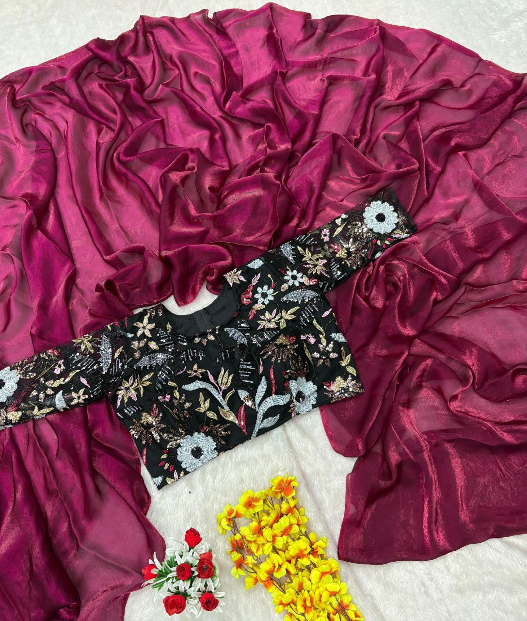 Bollywood Style Wine Color Silk Saree With Heavy Blouse