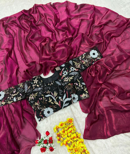 Bollywood Style Wine Color Silk Saree With Heavy Blouse