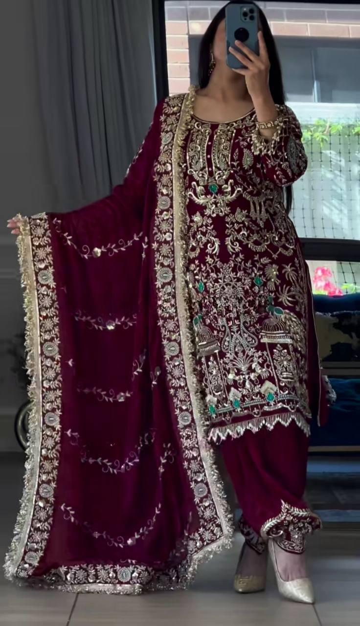 Adorable Heavy Work Maroon Color Dhoti Suit