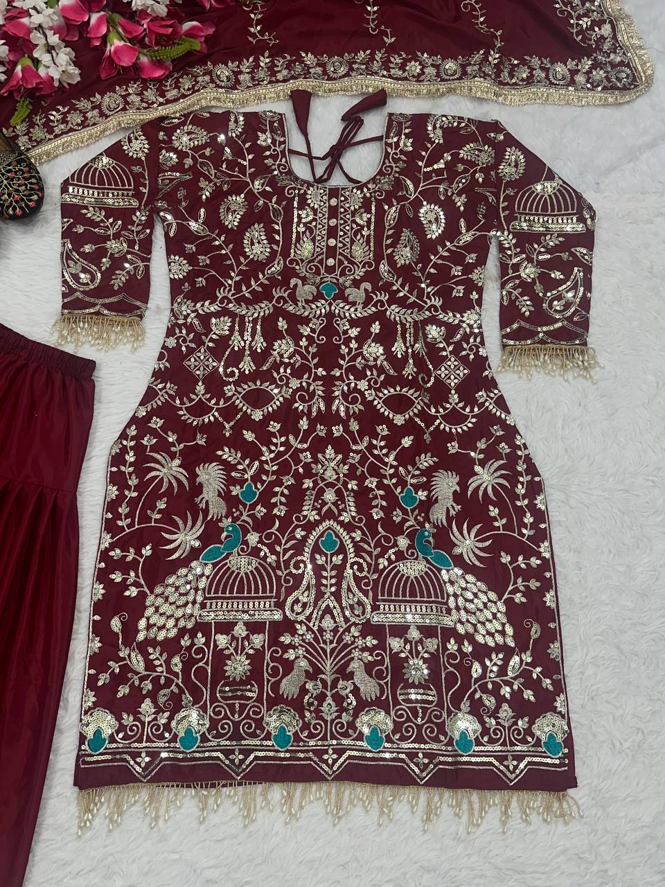 Adorable Heavy Work Maroon Color Dhoti Suit