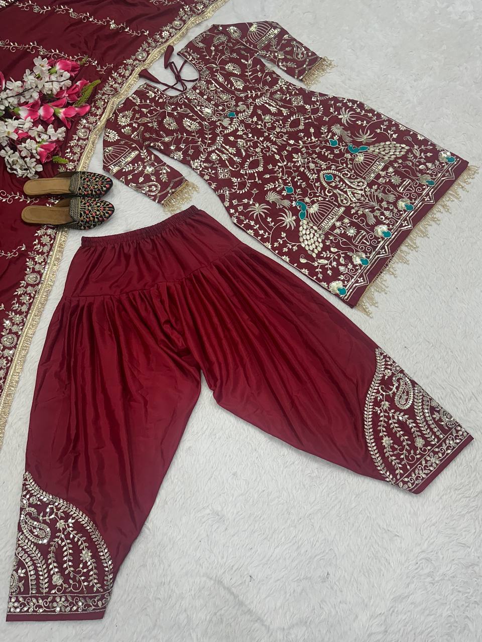 Adorable Heavy Work Maroon Color Dhoti Suit