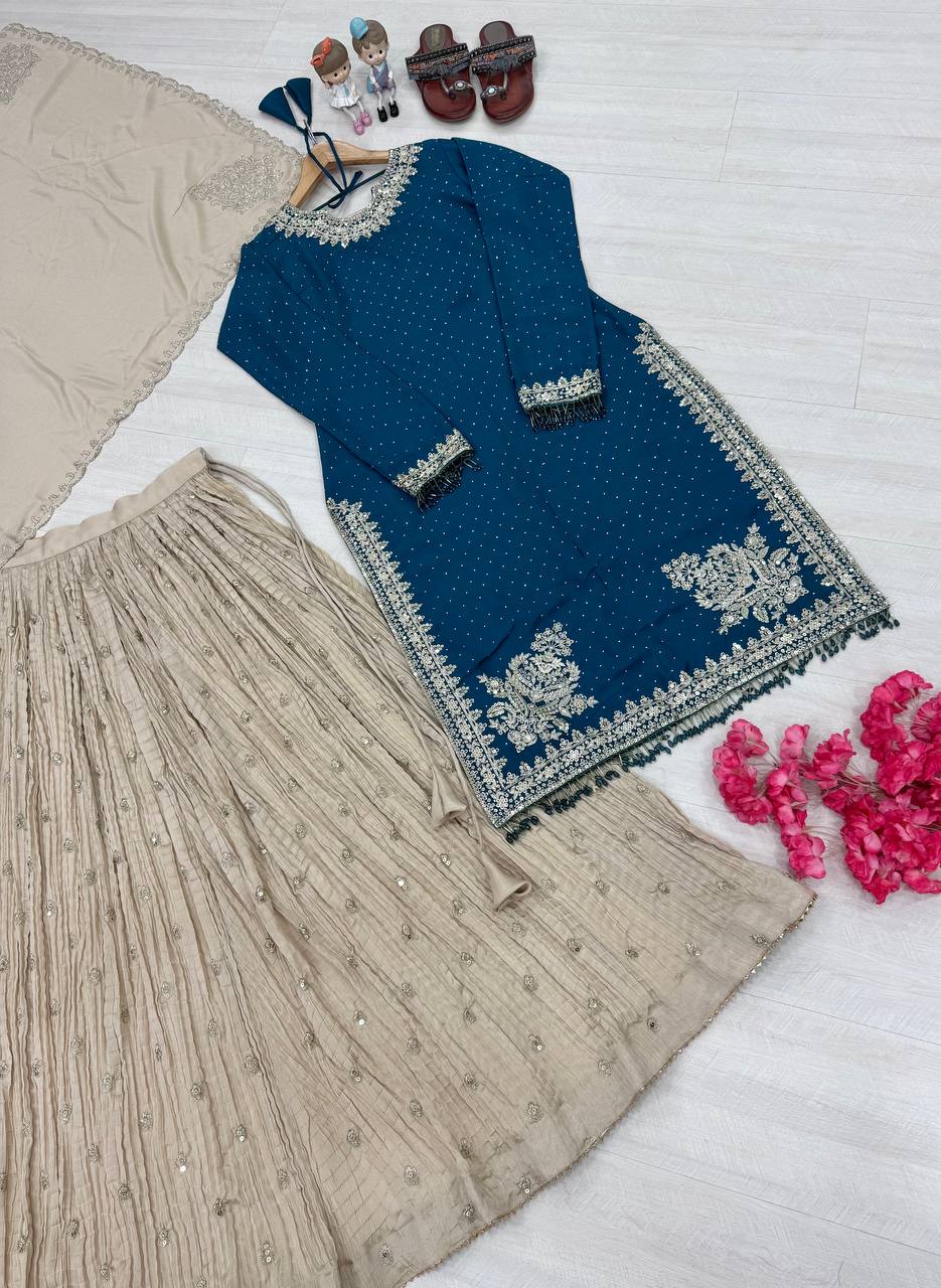 Designer Embroidery Work Blue Color Top With Lehenga Choli