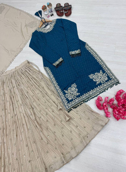 Designer Embroidery Work Blue Color Top With Lehenga Choli