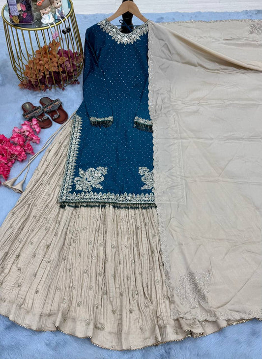 Designer Embroidery Work Blue Color Top With Lehenga Choli