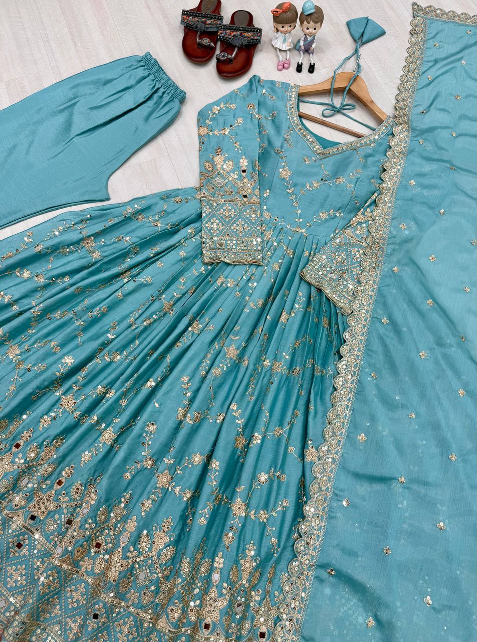 Outstanding Sequence Work Sky Blue Color Anarkali Gown
