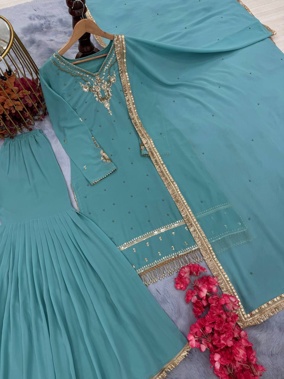Glorious Sequence Work Sky Color Palazzo Suit