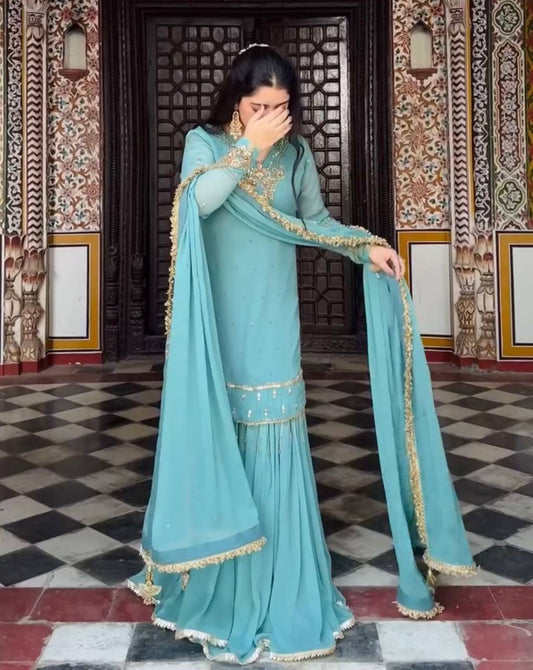 Glorious Sequence Work Sky Color Palazzo Suit