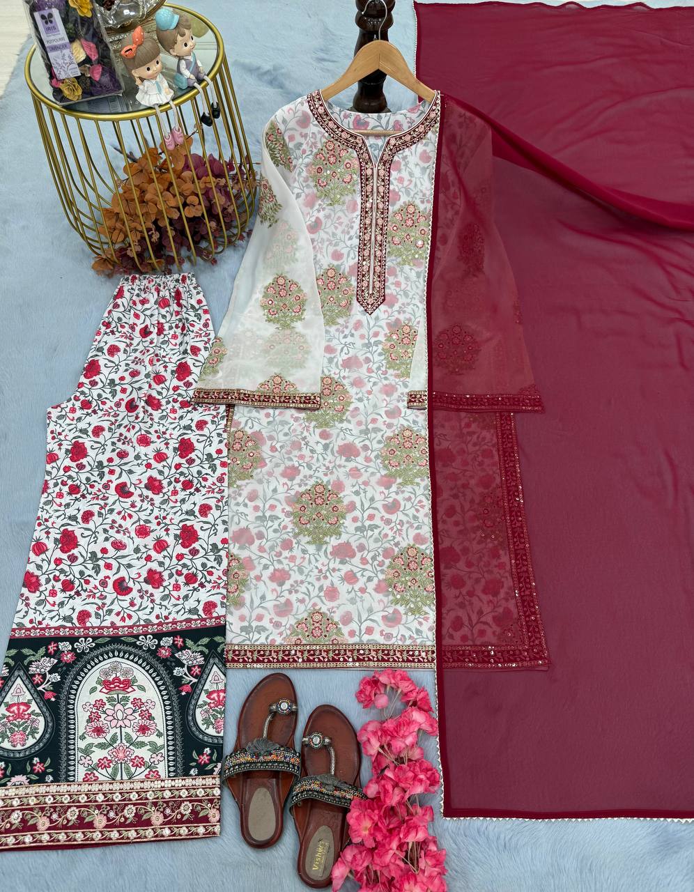 Peaceful Digital Print White Color Palazzo Suit