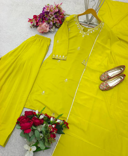 Casual Wear Sequence Work Yellow Color Palazzo Suit