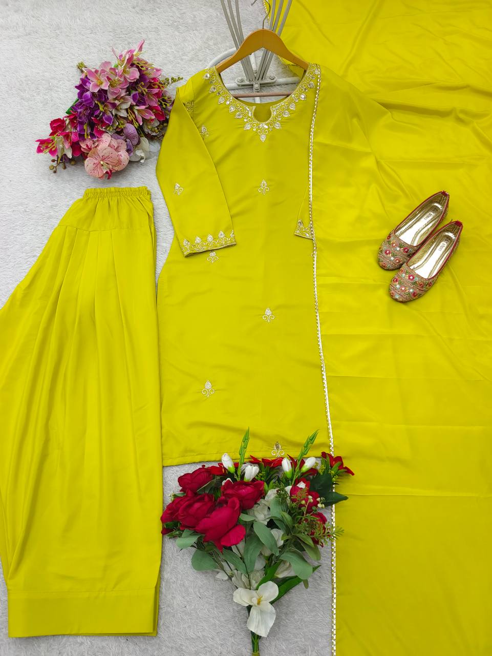 Casual Wear Sequence Work Yellow Color Palazzo Suit
