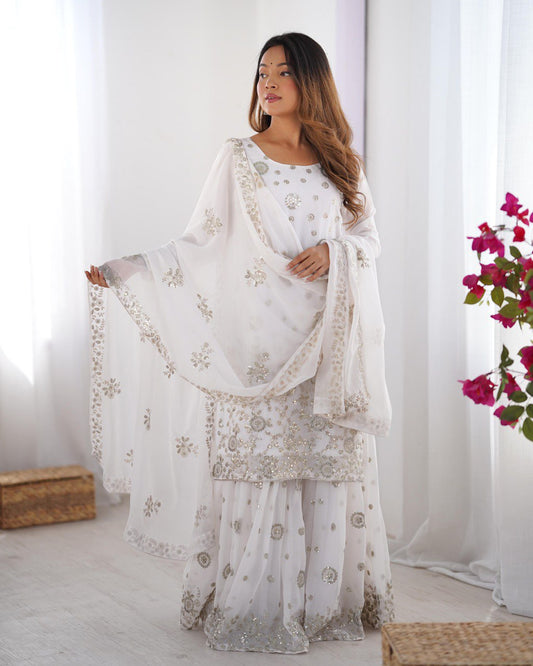 Stunning Sequence Work White Color Sharara Suit