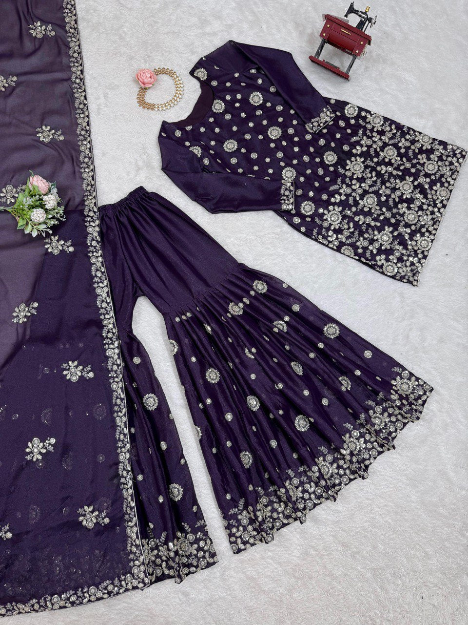 Stunning Sequence Work Purple Color Sharara Suit