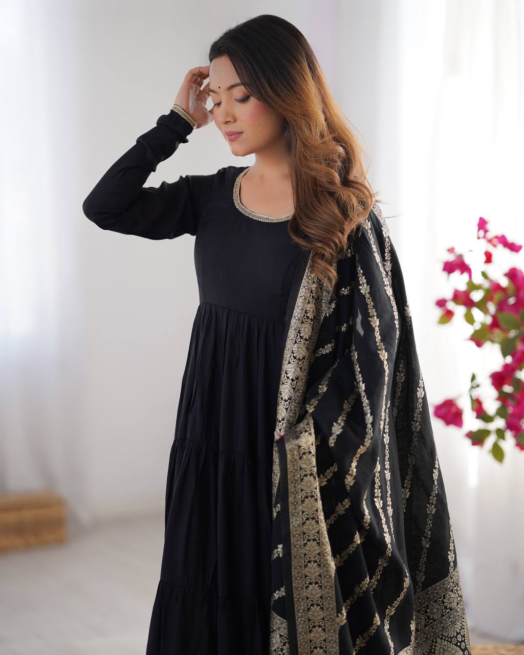 Flattering Roman Silk Black Color Anarkali Gown