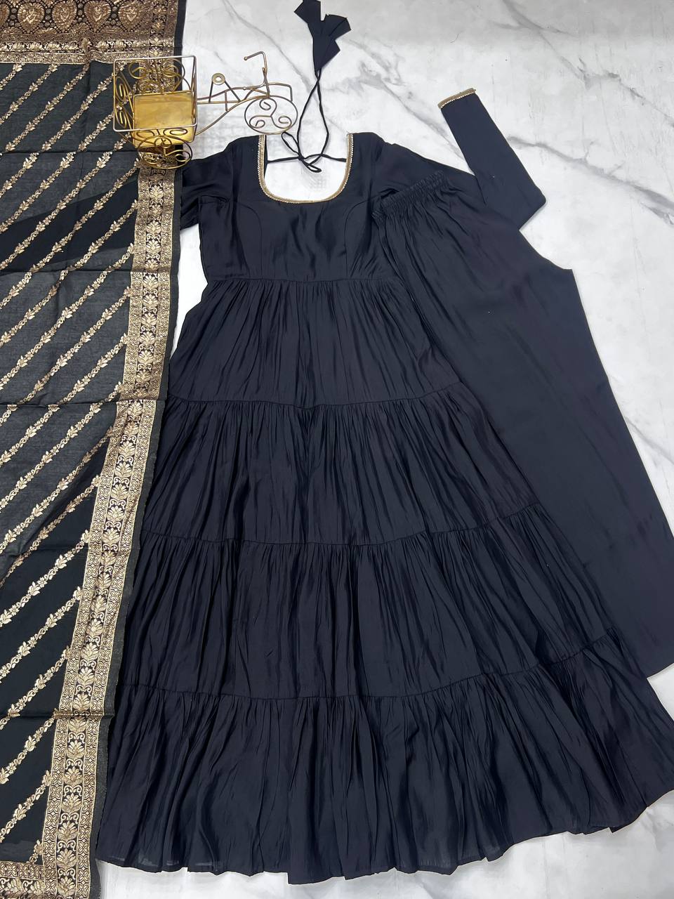Flattering Roman Silk Black Color Anarkali Gown