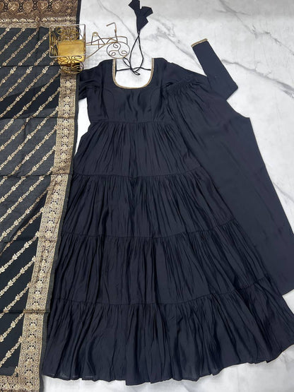Flattering Roman Silk Black Color Anarkali Gown