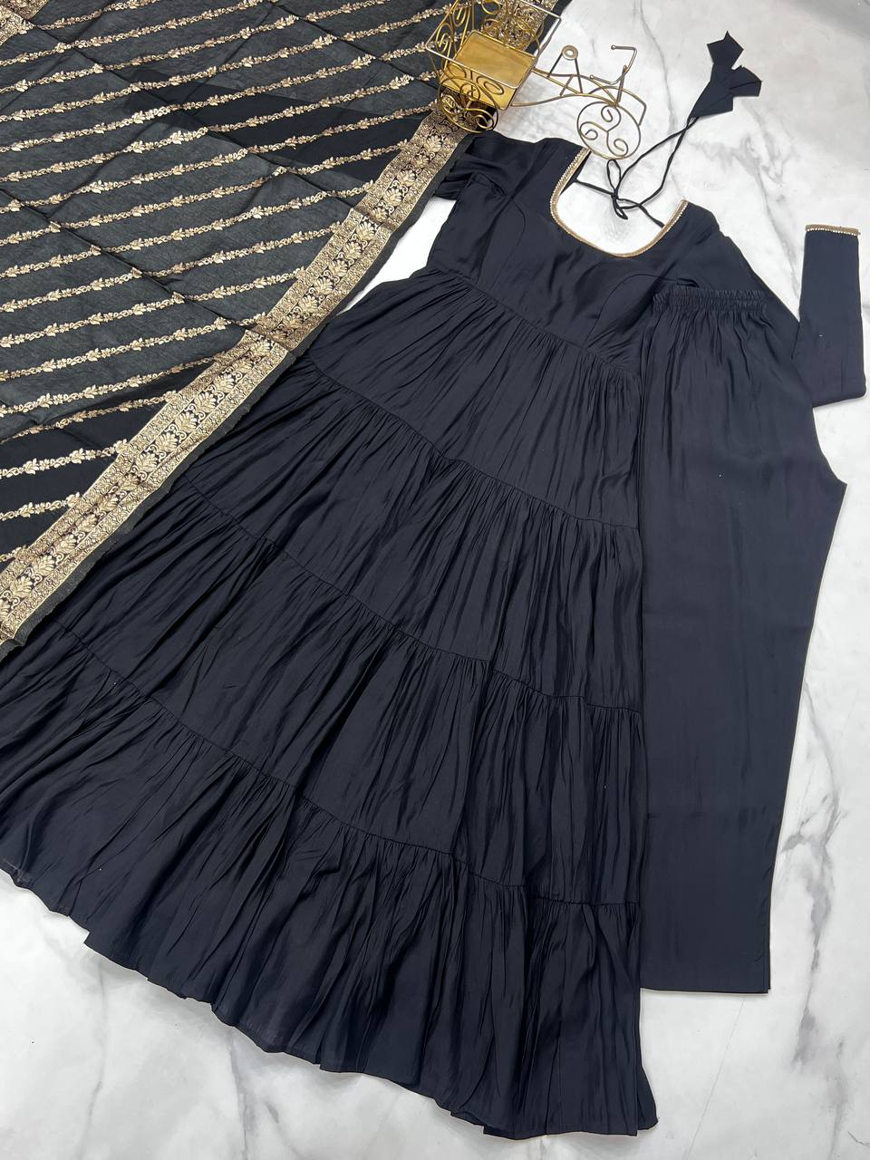 Flattering Roman Silk Black Color Anarkali Gown