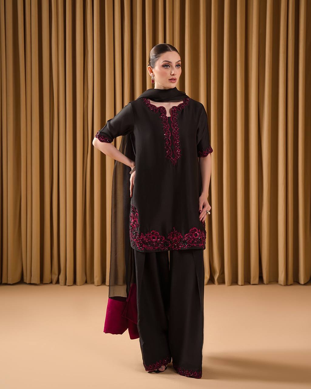 Attractive  Sequence Work Black Color Palazzo Suit