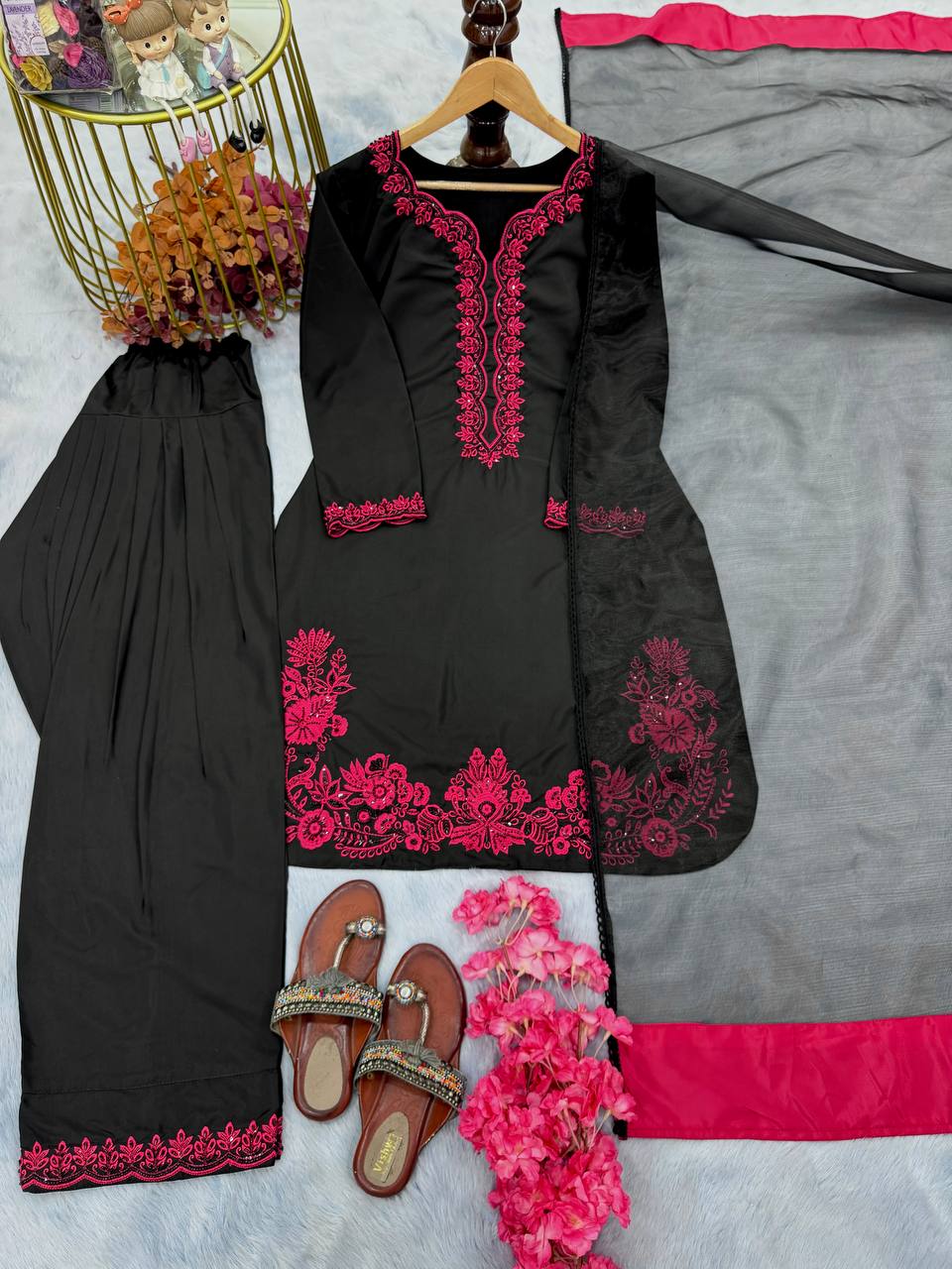 Attractive  Sequence Work Black Color Palazzo Suit