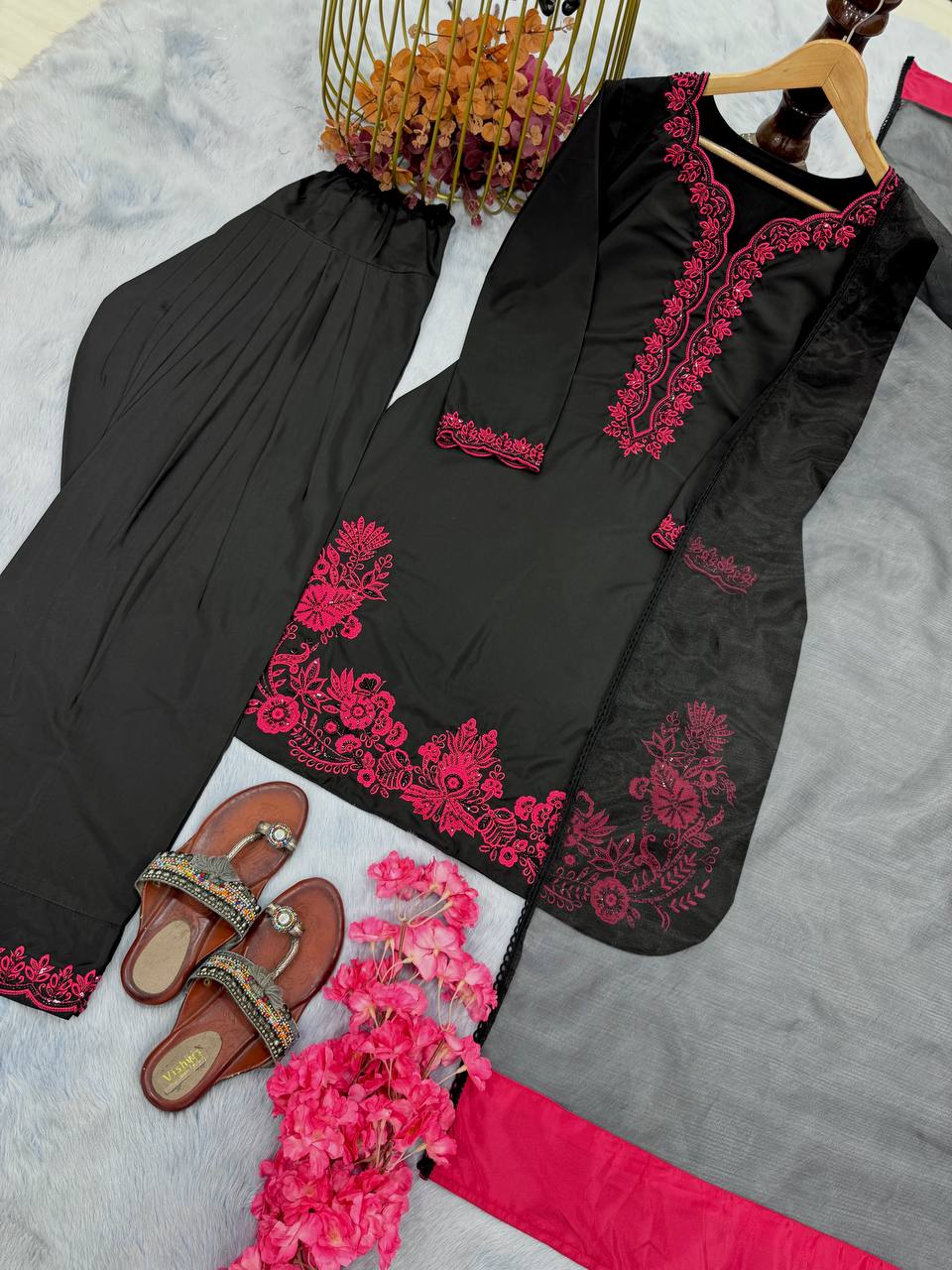 Attractive  Sequence Work Black Color Palazzo Suit