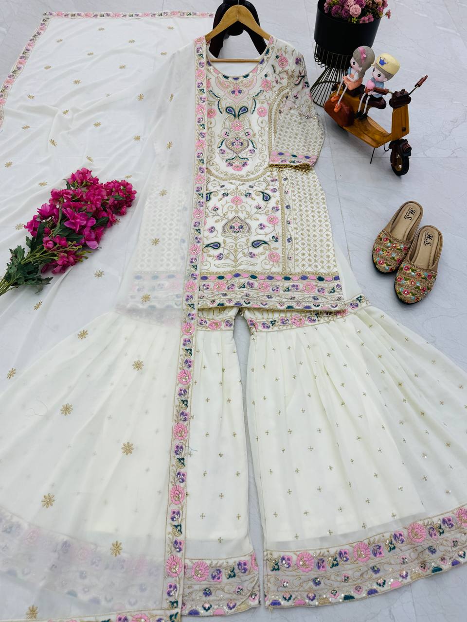 Adorable Heavy Work White Color Palazzo Suit