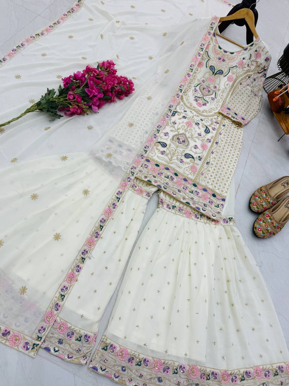 Adorable Heavy Work White Color Palazzo Suit