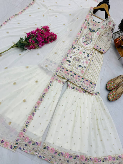 Adorable Heavy Work White Color Palazzo Suit
