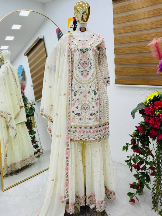 Adorable Heavy Work White Color Palazzo Suit