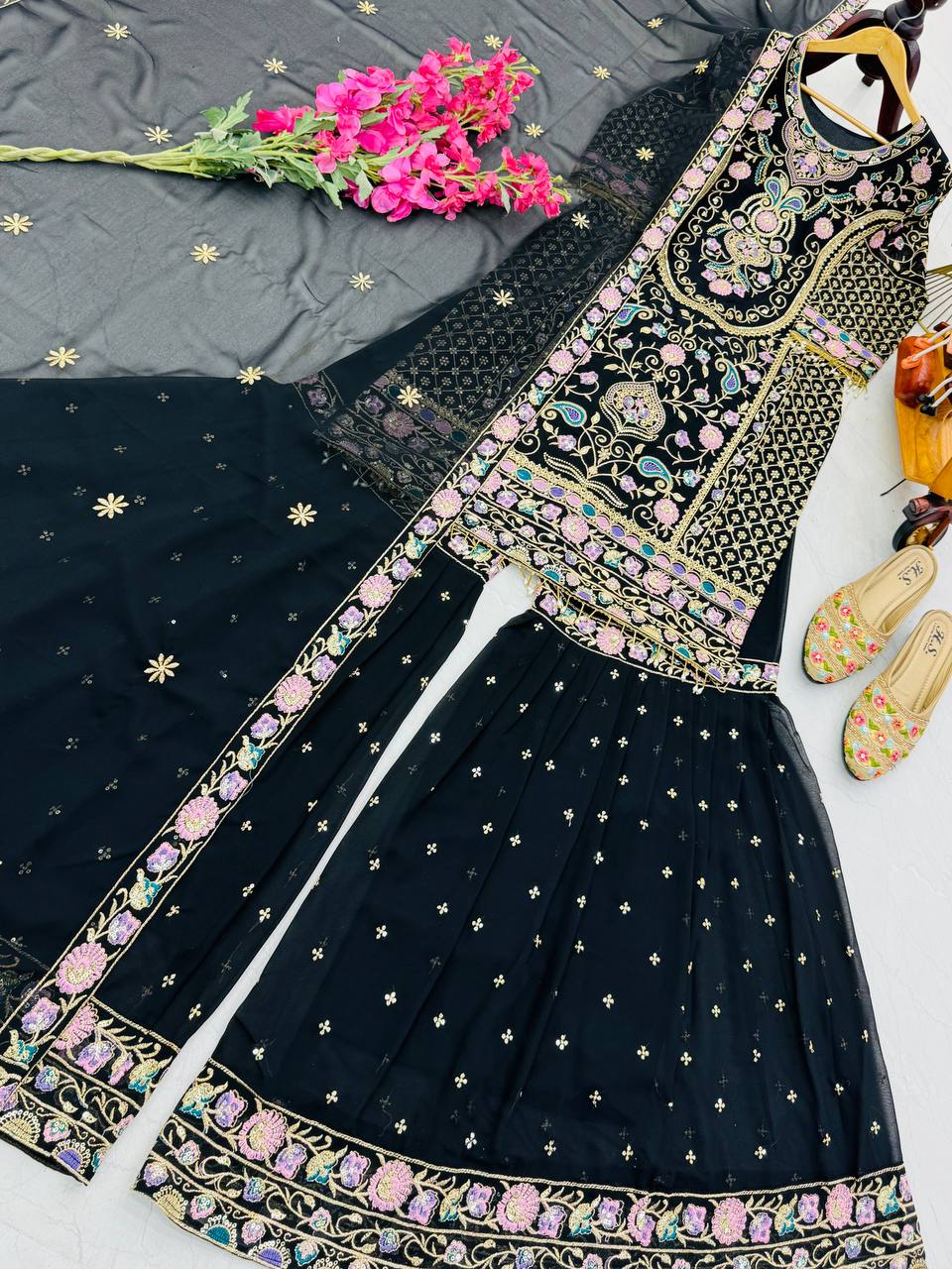 Adorable Heavy Work Black Color Palazzo Suit