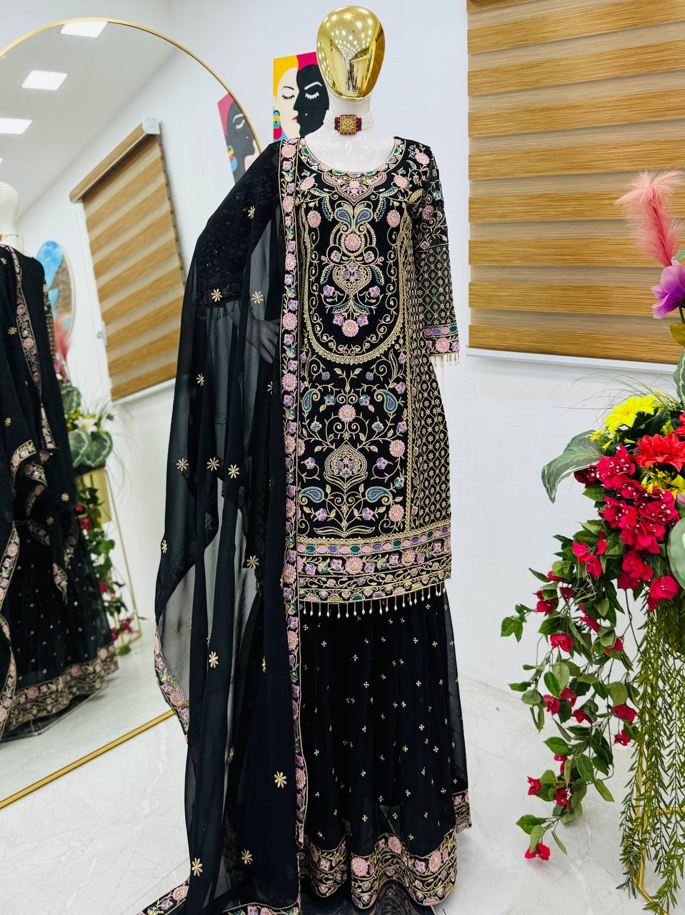 Adorable Heavy Work Black Color Palazzo Suit