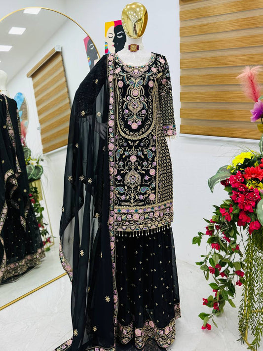 Adorable Heavy Work Black Color Palazzo Suit
