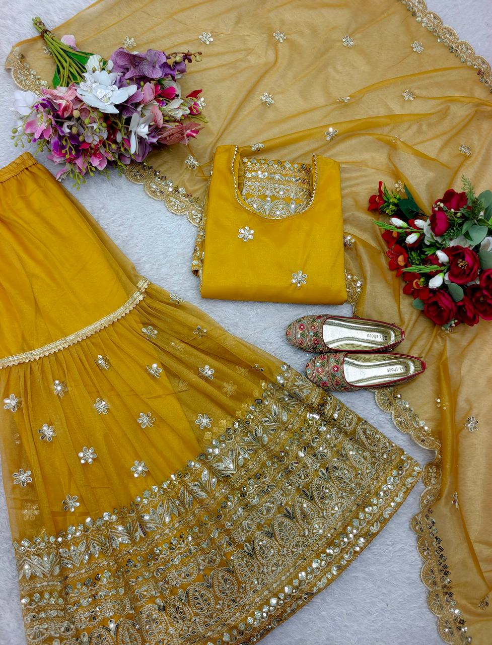 Awesome Embroidery Work Yellow Color Sharara Suit
