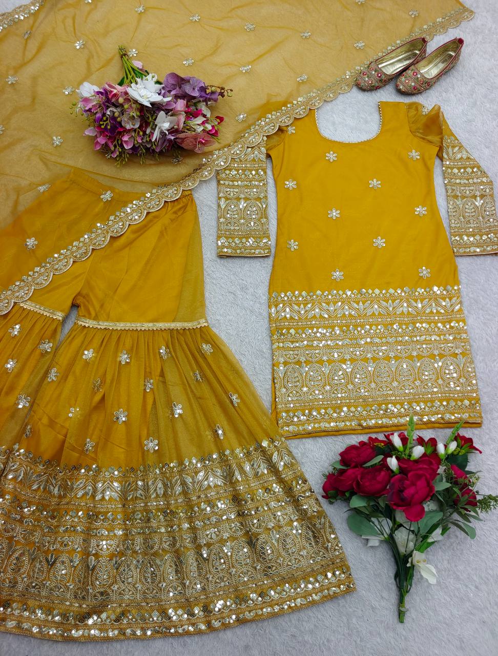 Awesome Embroidery Work Yellow Color Sharara Suit