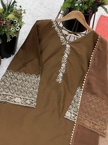 Casual Wear Satin Silk Brown Color Salwar Suit