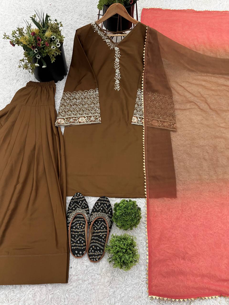 Casual Wear Satin Silk Brown Color Salwar Suit