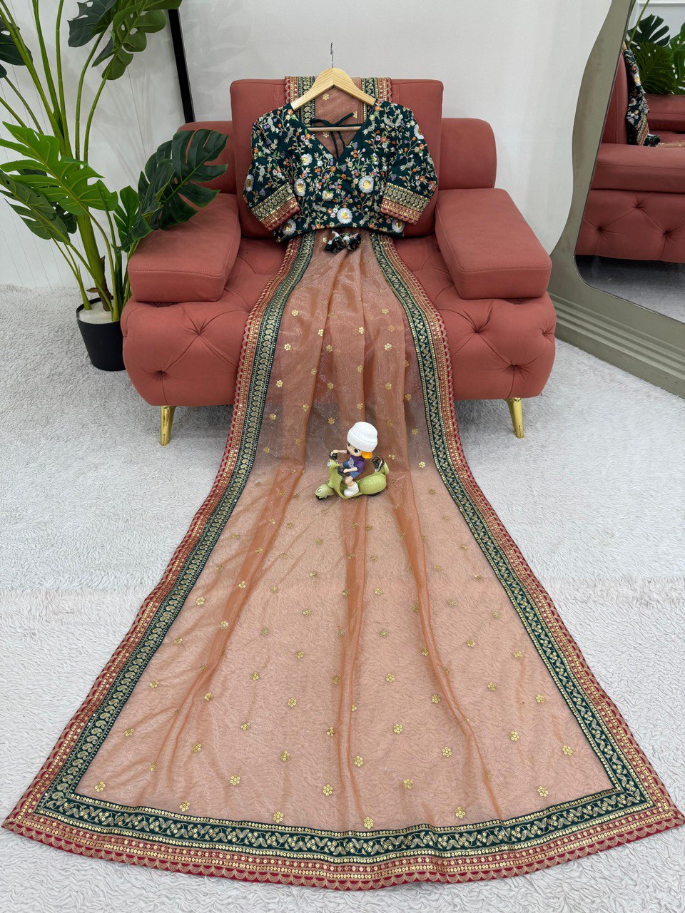 Designer Sequence Work Peach Color Saree