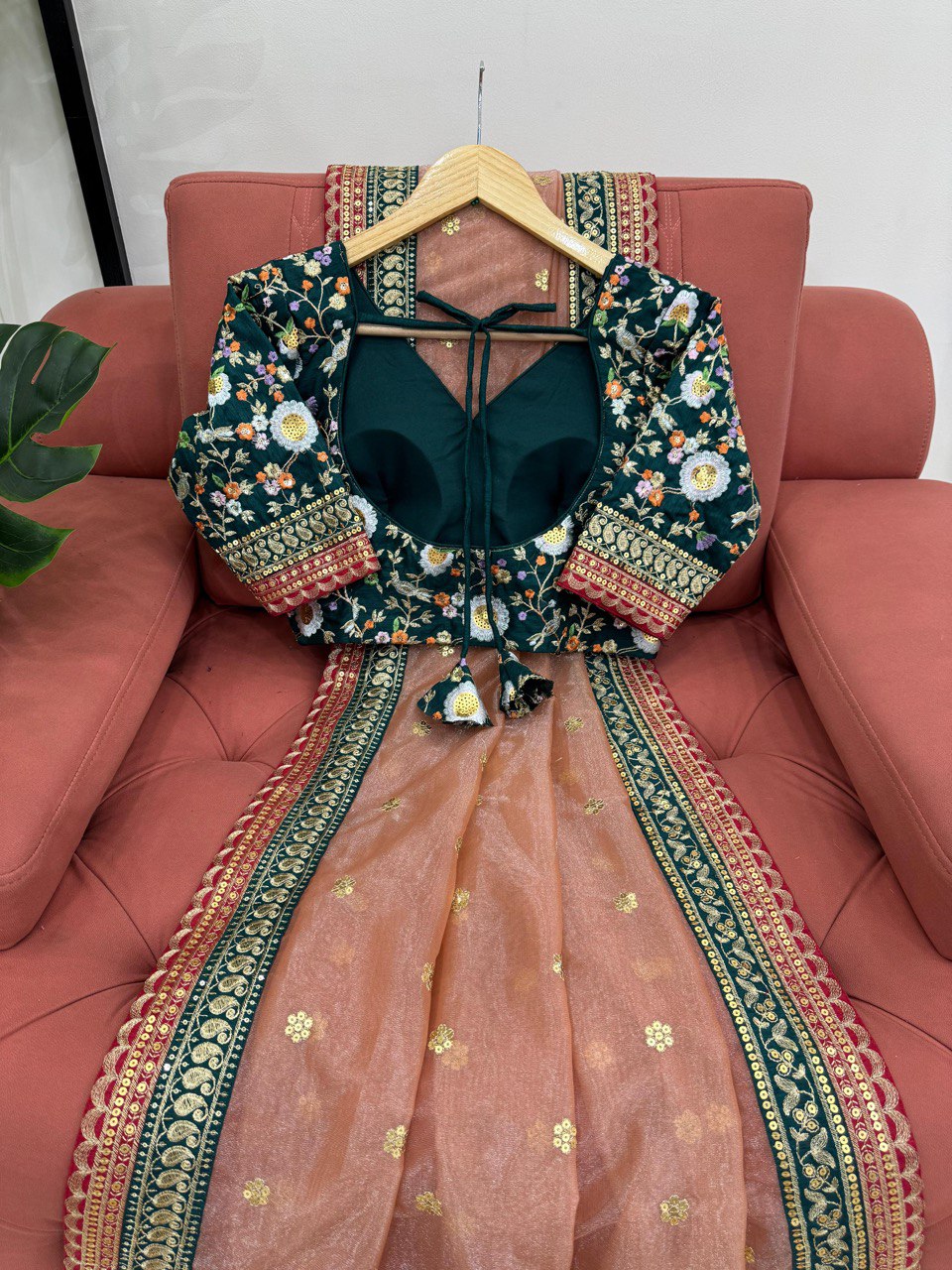 Designer Sequence Work Peach Color Saree