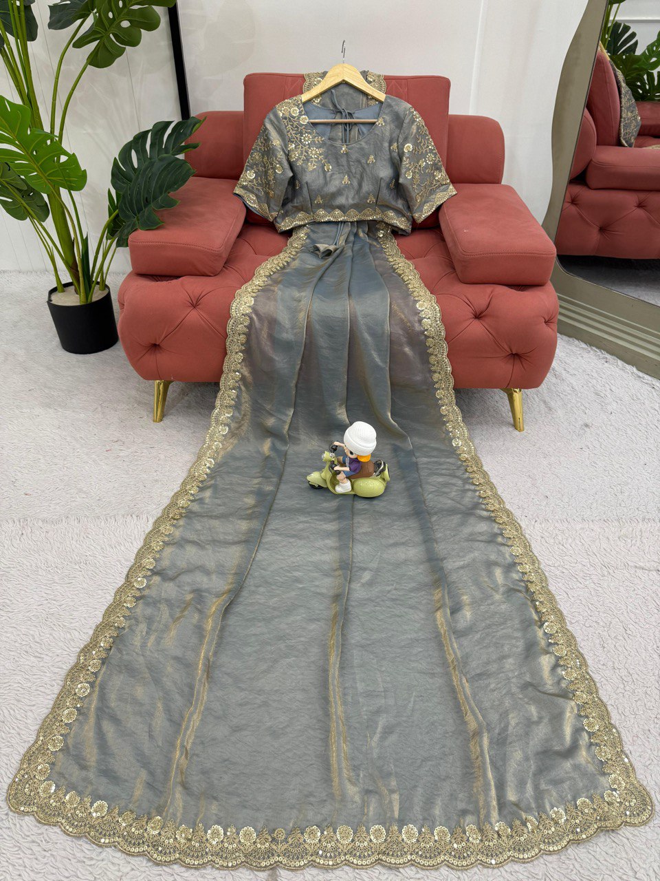 Delightful Sequence Work Grey Color Saree