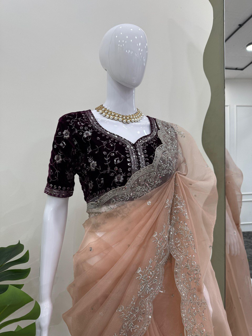 Party Wear Organza Silk Peach Color Saree