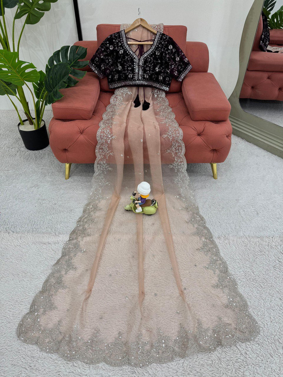 Party Wear Organza Silk Peach Color Saree