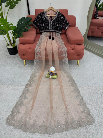 Party Wear Organza Silk Peach Color Saree