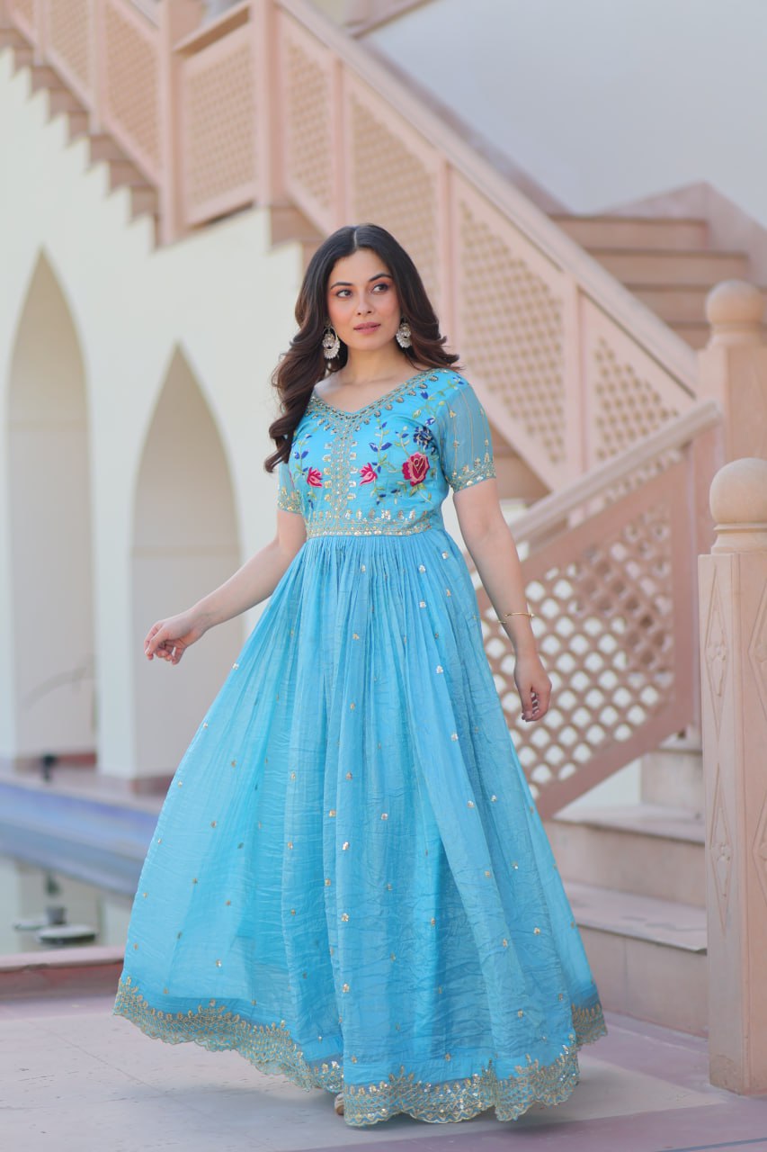 Preferable Embroidery Work Sky Blue Color Gown