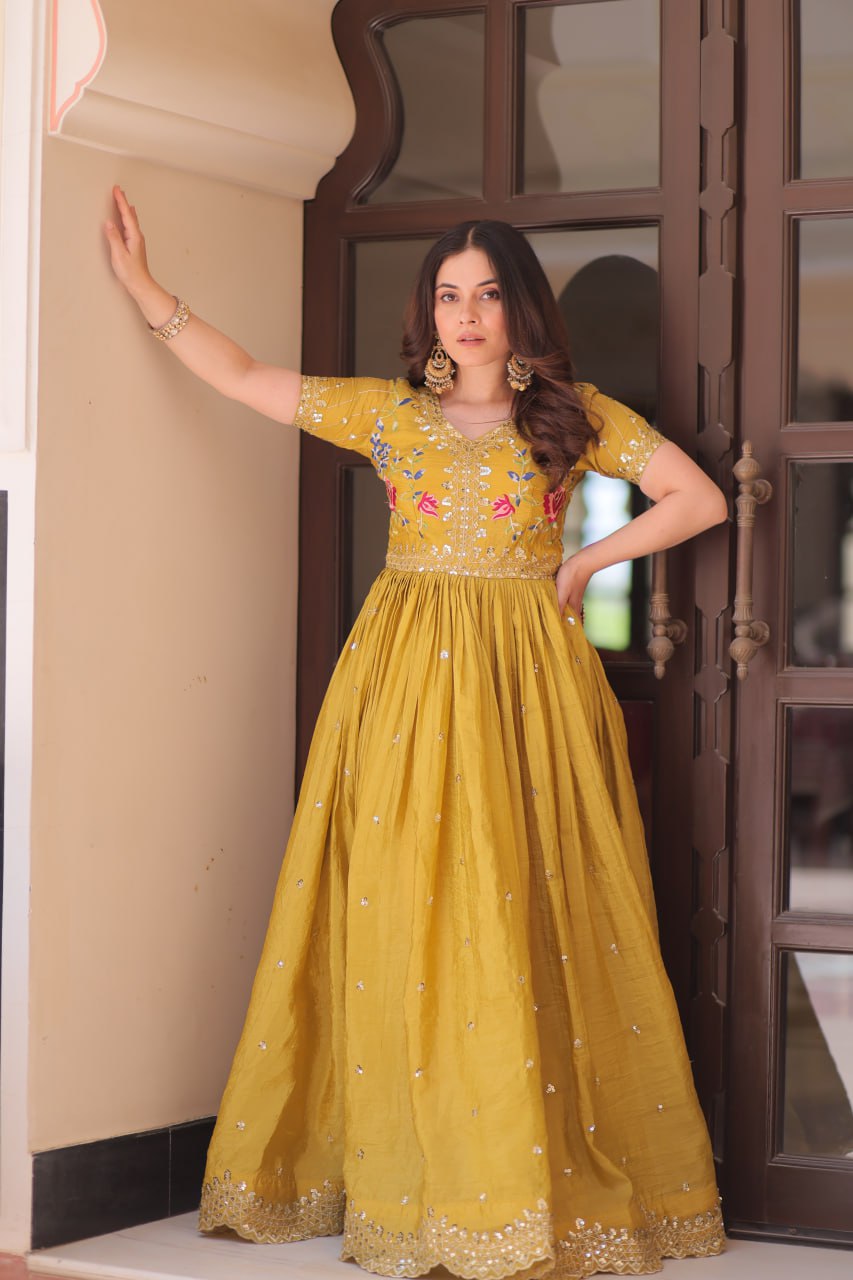 Preferable Embroidery Work Mustard Color Gown