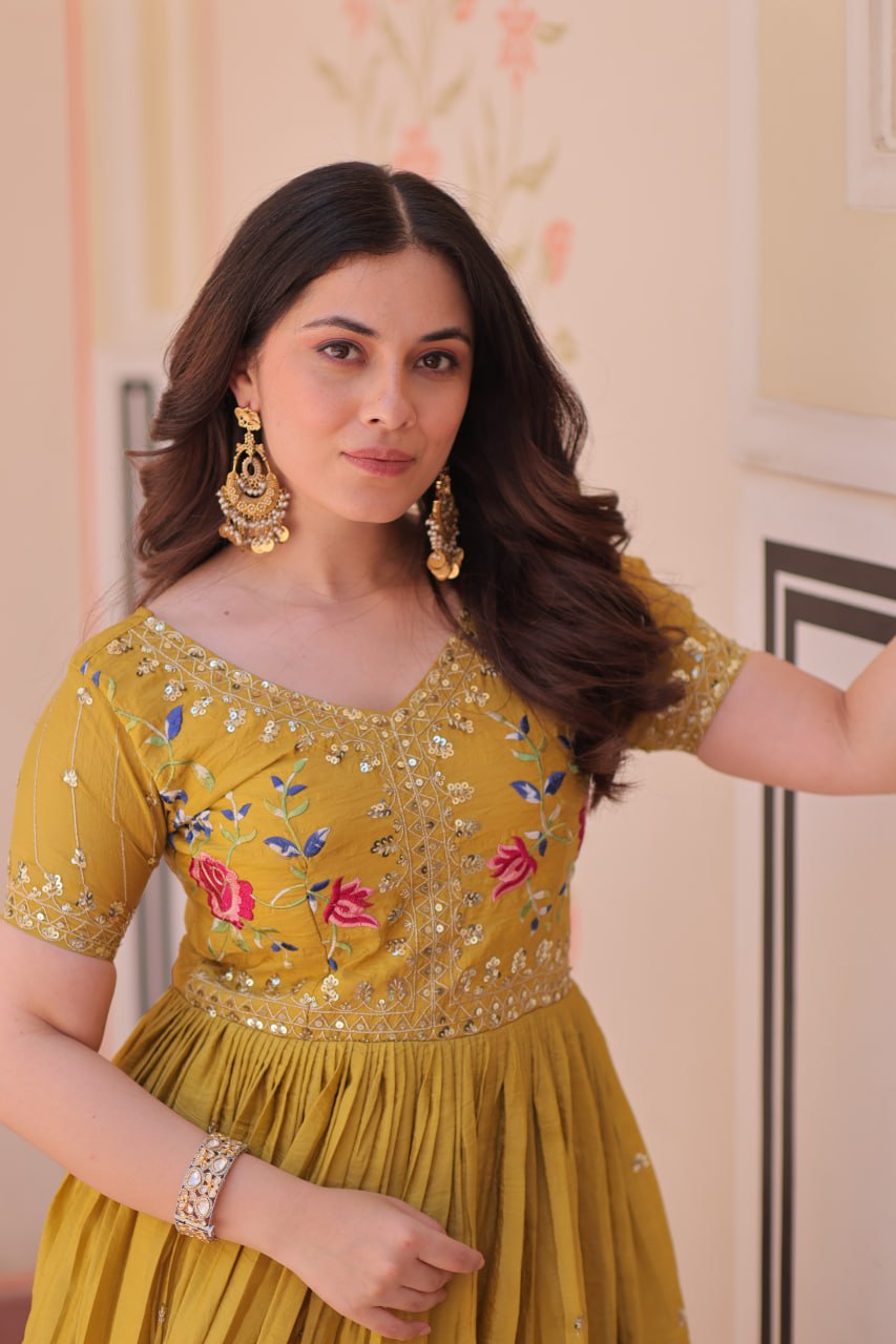 Preferable Embroidery Work Mustard Color Gown